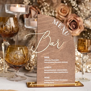 Rustic Wooden Arch Bar Menu, Wood & Gold Acryl Drink Bar Menu Sign with Stand, Wooden Country Barn Wooden Table Bar Menu, wdGPx