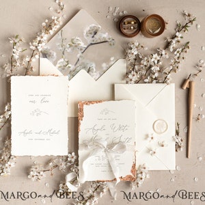 Ecru Fine Art Wedding Invitations Deckled Golden Edge Wedding Invites, Elegant Ivory Wedding Invitation Suite Blossom Vintage Wedding Cards