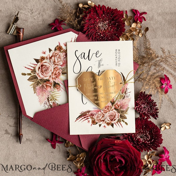 Personalised Burgundy Gold Acrylic heart Save the Date Magnet Card Save the Dates Plexi Magnets Wedding Boho save our date golden boho card