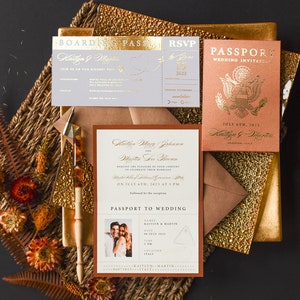 Terracotta Gold Passport Wedding Invitation, Wedding Cards Boarding Pass, Destination Wedding Invites, Travel Map Stationery
