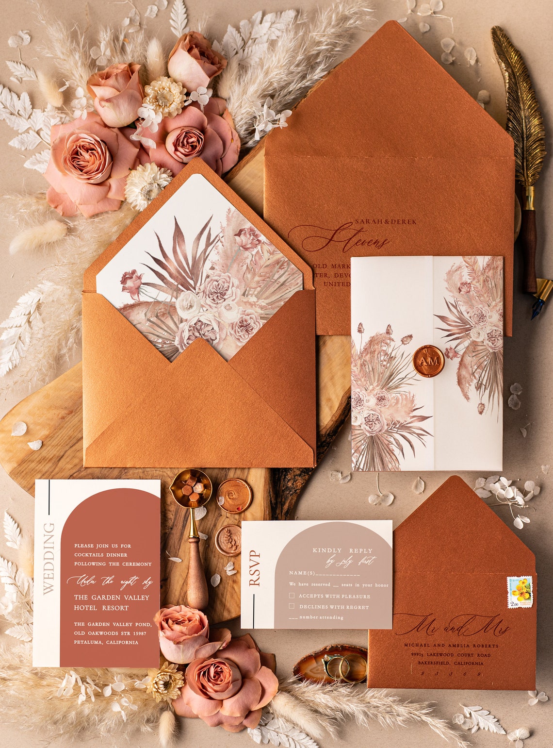 Terracotta Wedding Invitations, Luxury Vellum Wedding Invites, Elegant Wedding Invitation Suite, Fall Copper Wedding Crads, Terracota Modern wedding Stationary, Wax seal Wedding Invitation cards with wax seal