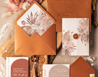 Terracotta  Wedding Invitations, Luxury Vellum Wedding Invites, Elegant Wedding Invitation Suite, Fall Copper Wedding Cards, Stationary