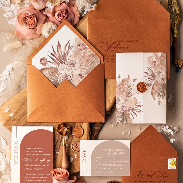 Terrakotta Hochzeitseinladungen, Luxus Pergament Hochzeit lädt ein, Elegante Hochzeitseinladungsreihe, Herbst Hochzeitskarten, Briefpapier