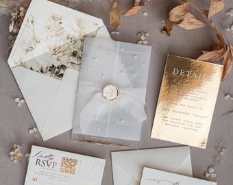 Luxury Gold Wedding Invitations with Pearls and Vellum – Acrylic Invitation Suite with Wax Seal