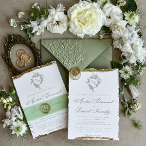 Wedding Invitations Sage Green Fine Art- Deckled Edge Invites with Ribbon, Clear Wax Seal & RSVP Options image 12