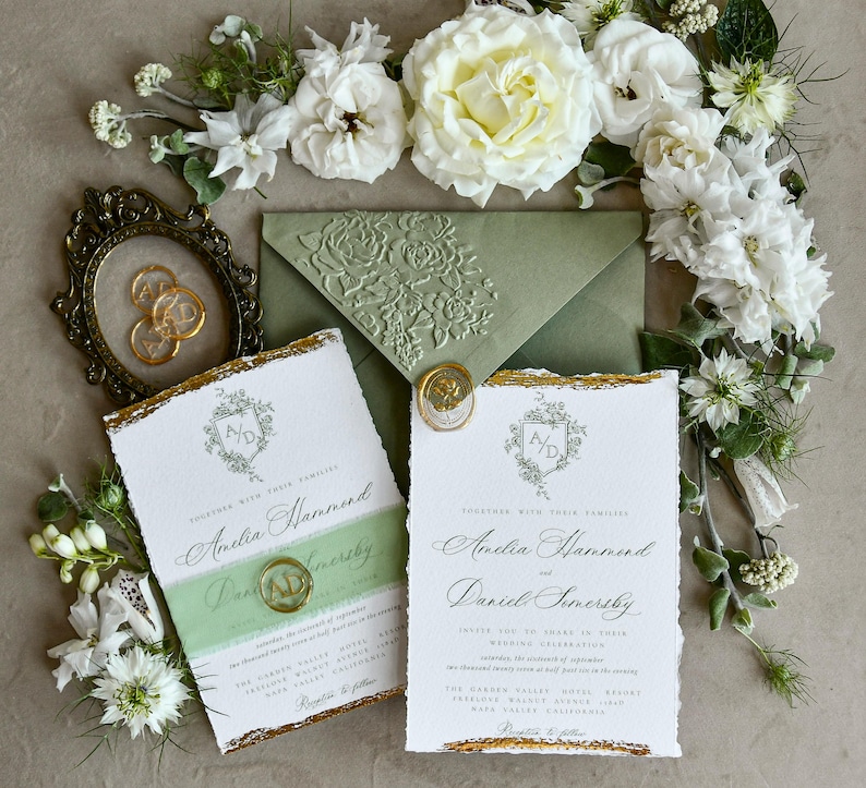 Wedding Invitations Sage Green Fine Art- Deckled Edge Invites with Ribbon, Clear Wax Seal & RSVP Options image 12