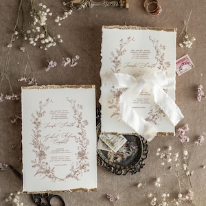 Deckled Edge Wedding Invitations Beige with Gold – Fine Art Floral Wreath Invitation Suite image 6
