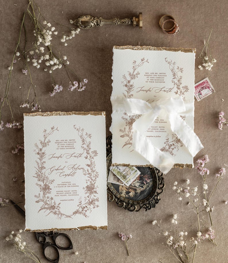 Deckled Edge Wedding Invitations Beige with Gold – Fine Art Floral Wreath Invitation Suite image 6
