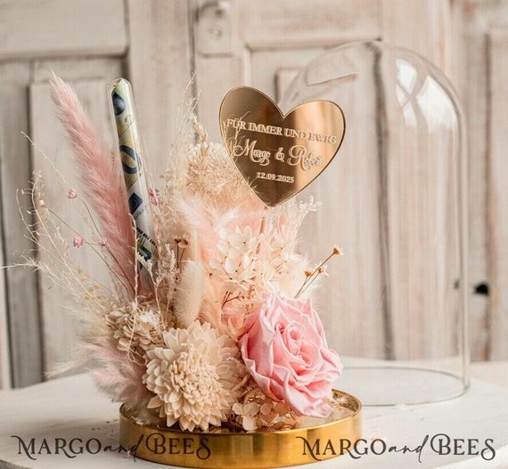 XXL Geschenkschachtel für Geld Geldgeschenk zur Hochzeit mit Strauß aus Trockenblumen personalisiert Reagenzglas für Geld gift box for money