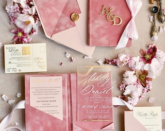 Hochzeitseinladungen Samt Cover klar, elegant blush rosa Hochzeitskarten, Acryl Spiegel Gold Plexi Einladungspaket