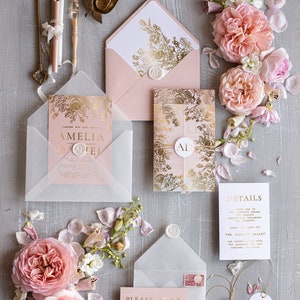 Blush Pink Gold Wedding Invitations, Luxury Elegant Wedding Invites Envelope, Elegant Golden Suite Modern Wedding Invites, Boho Glam Invites
