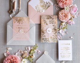 Blush Pink Gold Wedding Invitations, Luxury Elegant Wedding Invites Envelope, Elegant Golden Suite Modern Wedding Invites, Boho Glam Invites