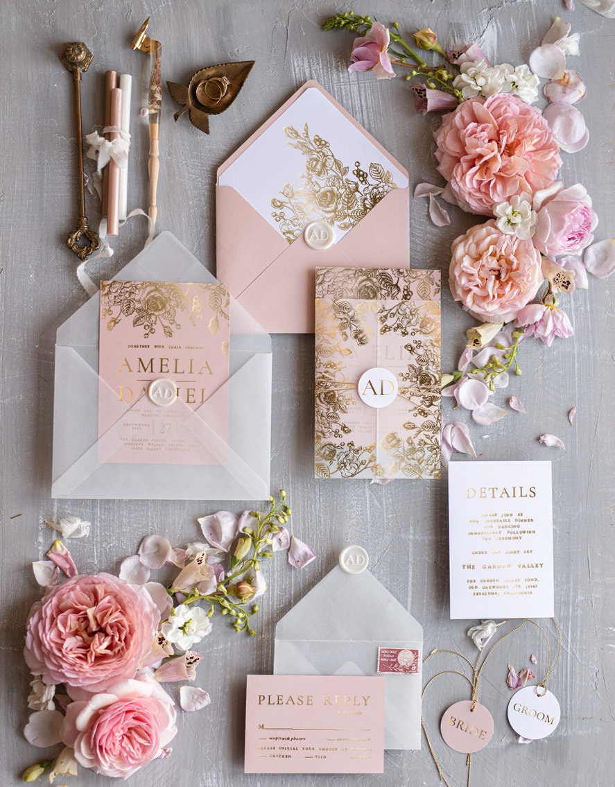 Inviti per matrimonio rosa cipria in oro, inviti per matrimonio eleganti e di lusso, inviti per matrimonio moderni eleganti in oro, inviti boho glamour