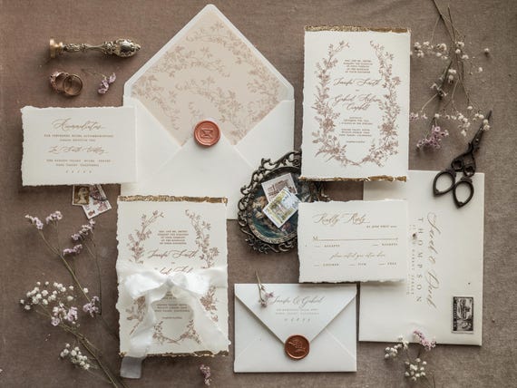 Deckled Edge Wedding Invitations Beige with Gold – Fine Art Floral Wreath Invitation Suite