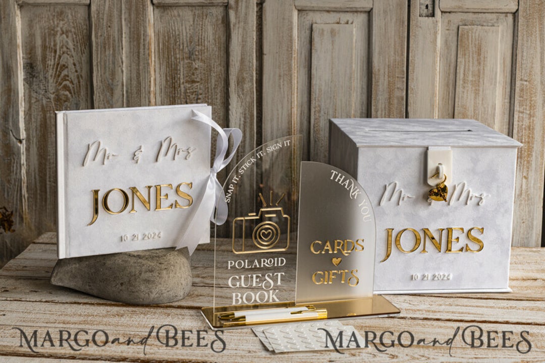 White Gold Velvet Wedding Set Card Box With Lock & Polaroid Photo ...