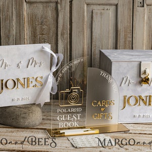 Weißgoldenes Samt-Hochzeits-Set, Kartenbox mit Schloss und Polaroid-Foto-Gästebuch, Bogen, Acrylkarten, Geschenke. Unterschreiben Sie unsere Gästebuch-Kombination personalisiert
