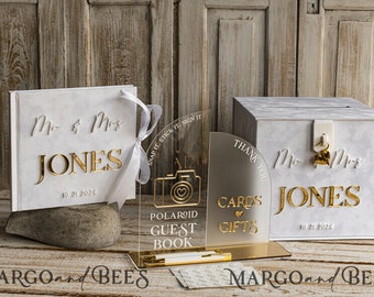 White gold Velvet Wedding Set Card Box with lock & Polaroid Photo Guestbook, Arch acrylic Cards gifts Sign our guestbook combo presonalised