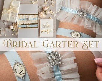 Set of Two gartes, personalised wedding garter in a box, vintage garter set, garter for bride, bridal shower gift , something blue garter