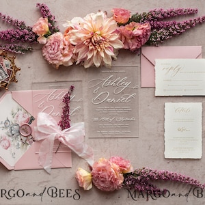 Fine Art Acrylic Wedding Invitation, Real heather Floral Wedding Invitation, French Provence Invitation suite, Fine Art Wedding Invitation