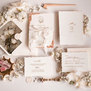 Fine Art Wedding Invitations, Deckled Golden Edge Wedding Invites, Elegant Ivory Wedding Invitation Suite, Vintage Wedding Cards