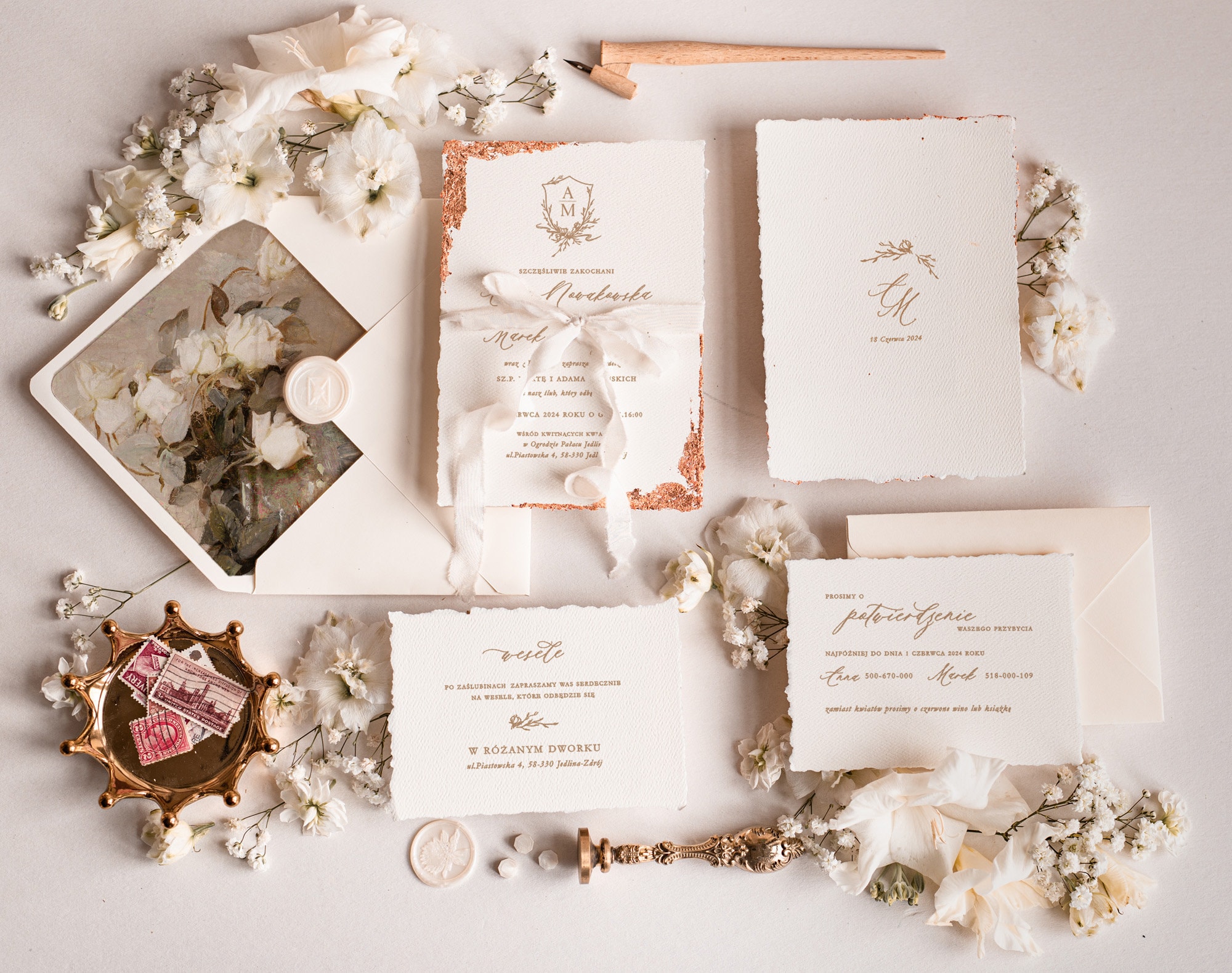 Fine Art Wedding Invitations, Deckled Golden Edge Wedding Invites, Elegant Ivory Wedding Invitation Suite, Vintage Wedding Cards