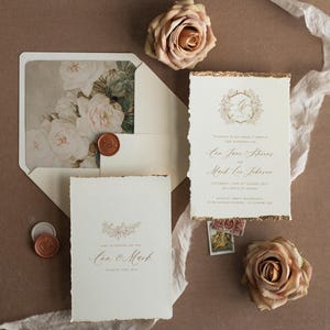 Elegant Ivory Rose Wedding Invitations – Fine Art Deckled Edge Gold Invitation Suite image 2