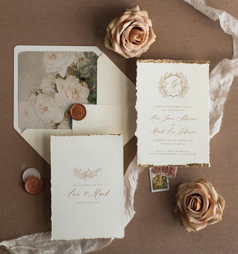 Elegant Ivory Rose Wedding Invitations – Fine Art Deckled Edge Gold Invitation Suite image 2