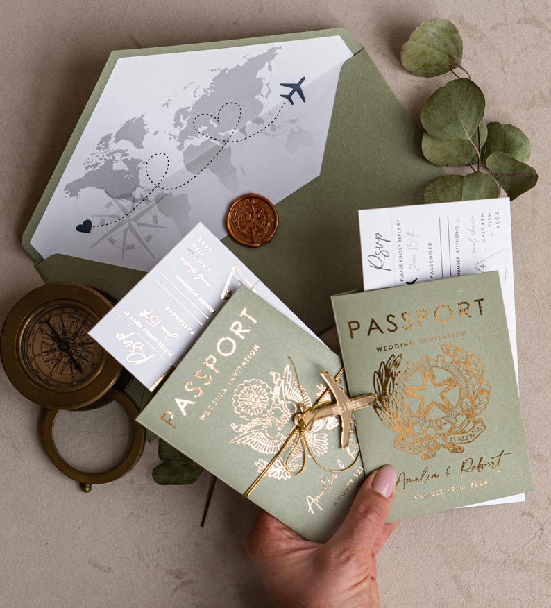Destination Wedding Passport Invitations Sage Green – Boarding Pass Invite Tuscany Style bild 8