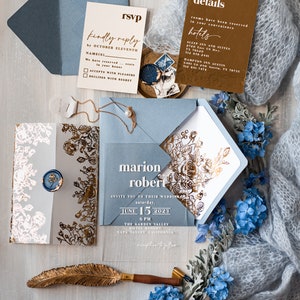 Bespoke Acrylic Ice blue wedding invitation, Glamour dusty blue Wedding Invitations, Modern Golden Plexi Wedding Invitation Suite