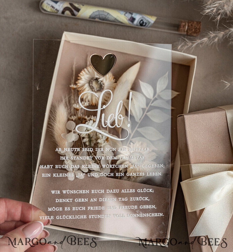 Geschenkschachtel für Geld Geldgeschenk zur Hochzeit mit Strauß aus Trockenblumen personalisiert Geschenk für Brautpaar Reagenzglas für Geld