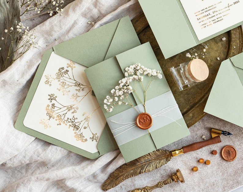 Elegant gold wedding inviation set, Natural baby breath flower wedding invitation suite Minimalistic golden sage green wedding set with rsvp image 4