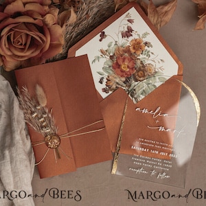 Arch Clear Gold Acrylic Wedding Invitations terracotta Plexi Glass Invites rsvp qr code Fall Elegant Bespoke Wedding stationery Cards Set