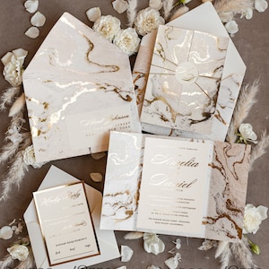 Marble Golden Wedding Invitation Set  Ivory,  Luxury Wedding Invitation Suite Classic Elegant Gold Foil Wedding Cards Marble Pocket  Invites