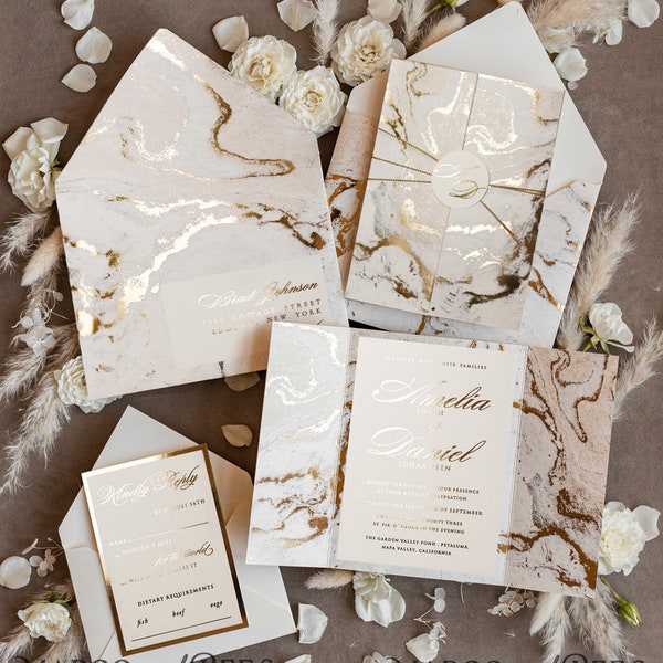 Marble Golden Wedding Invitation Set  Ivory,  Luxury Wedding Invitation Suite Classic Elegant Gold Foil Wedding Cards Marble Pocket  Invites