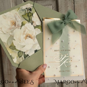 Sage Green Chiffon bow beaded bespoke Elegant Greenery Gold Wedding Invitation Suite, White Perls Golden Wedding Cards, Vellum etui monogram