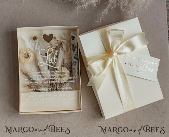 Geschenkschachtel für Geld Geldgeschenk zur Hochzeit mit Strauß aus Trockenblumen personalisiert Geschenk für Brautpaar Reagenzglas für Geld