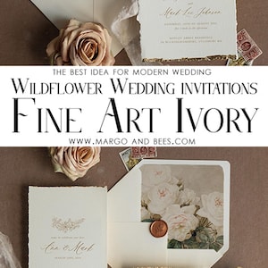 Elegant Ivory Rose Wedding Invitations – Fine Art Deckled Edge Gold Invitation Suite image 4