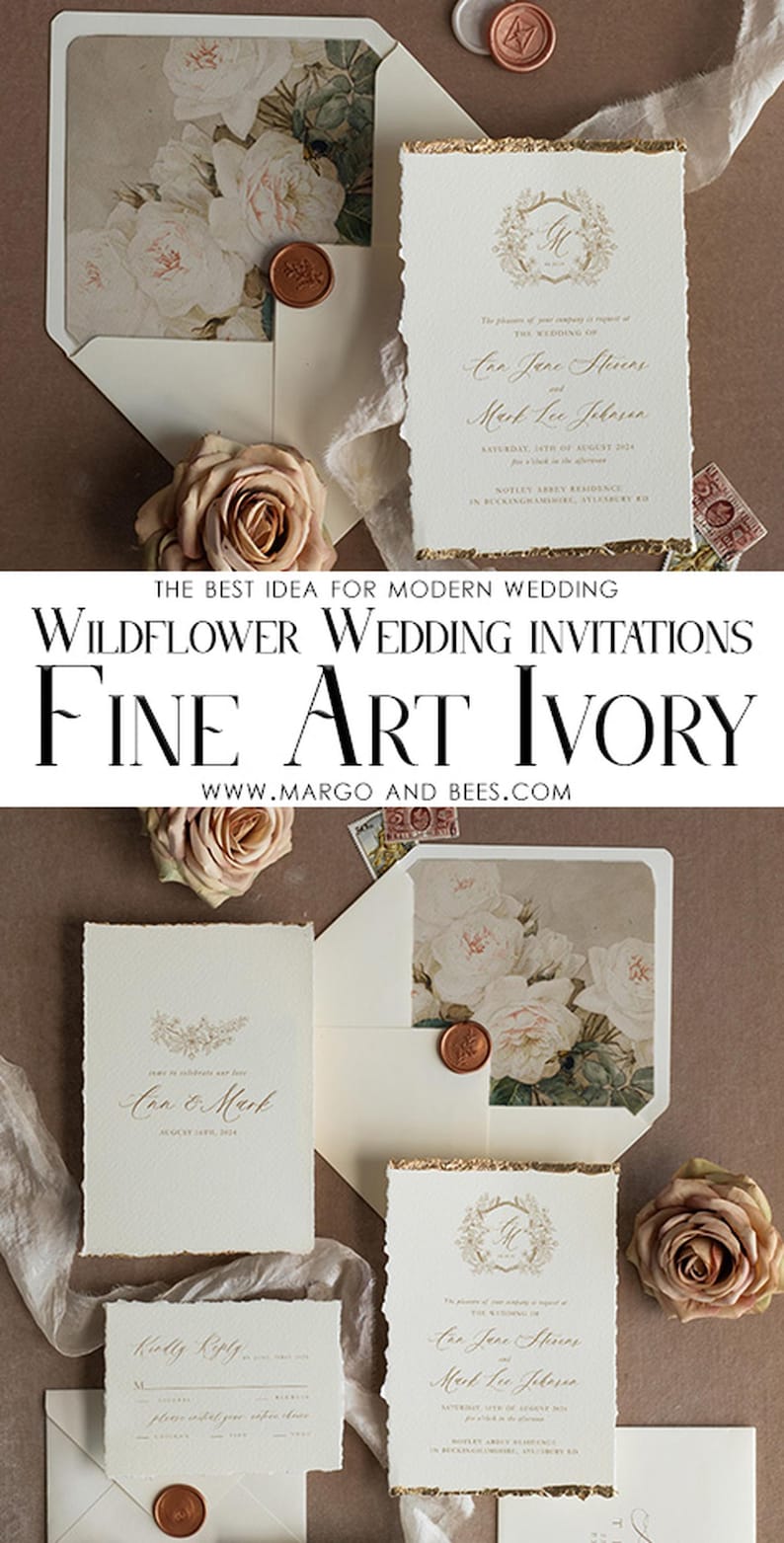 Elegant Ivory Rose Wedding Invitations – Fine Art Deckled Edge Gold Invitation Suite image 4