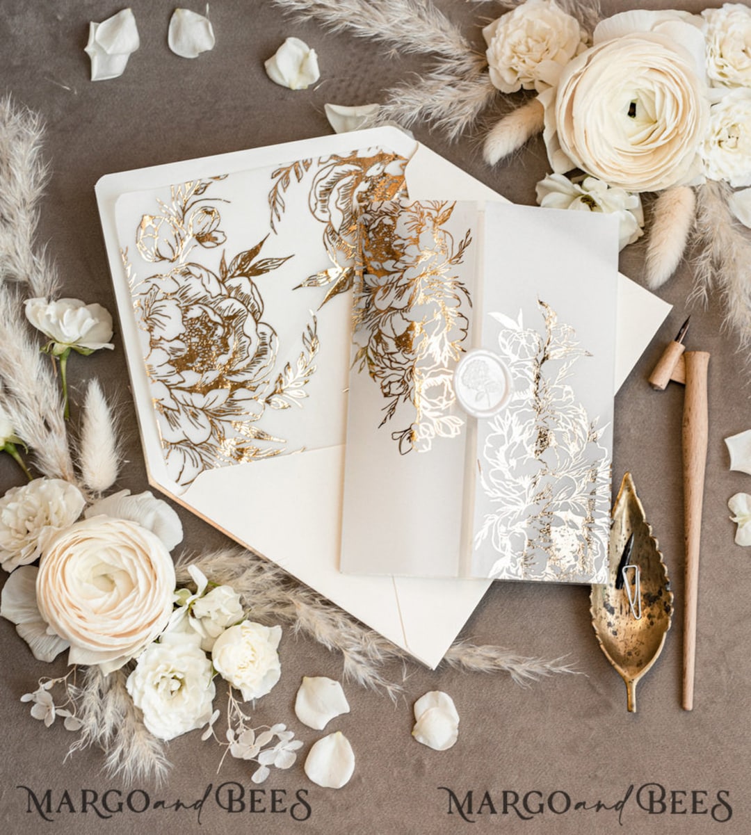 Luxury Acrylic Plexi Wedding Invitations, Glamour Golden Shine Wedding  Invites, Vintage Floral Wedding Cards, Romantic Red And Gold Wedding  Invitation Suite
