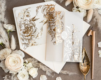 Luxuriöse goldene Hochzeitseinladungen aus Acryl, luxuriöse goldene Hochzeitseinladungen, Pergamentpapier, modernes, elegantes Plexiglas-Suiten-Hochzeitskarten-Set