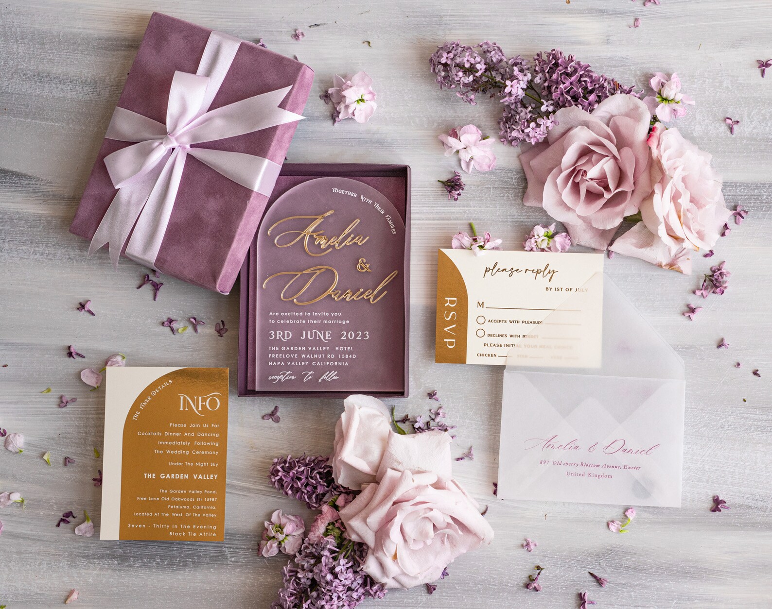 Luxury Mauve Velvet Box Wedding Invitations With Ribbon Bow, Elegant ...