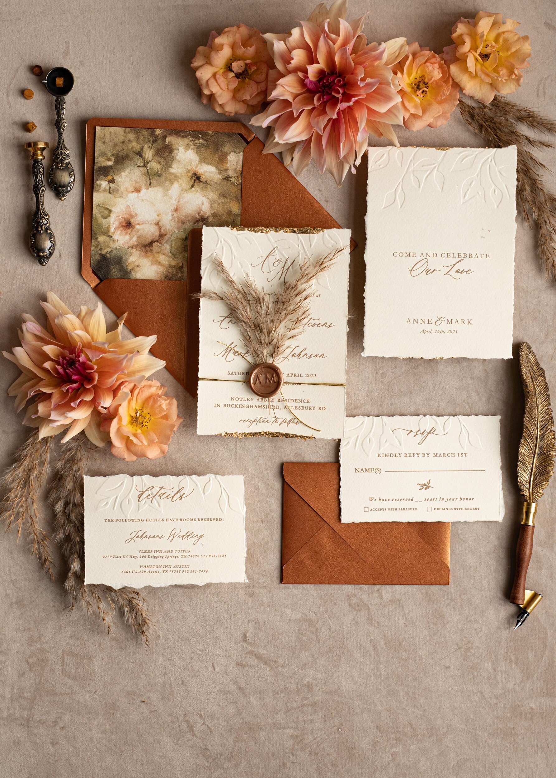 Embossed Ivory Gold Wedding Invitation Floral Wedding Invitation Pampas Grass Invitation suite Terracotta wedding invitation