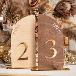 Rustic Half Arch Wedding Table Numbers, Wood Gold Plexi Table Numbers, Country Wedding Table Decor, Wood Golden mirror table numbers, wdGPx