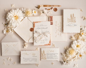 Ivory Wedding Invitations, Deckled Gold Edge Wedding Invites, Custom Venue Wedding Invitation Suite, Vintage Wedding Cards