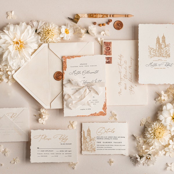 Ivory Wedding Invitations, Deckled Gold Edge Wedding Invites, Custom Venue Wedding Invitation Suite, Vintage Wedding Cards