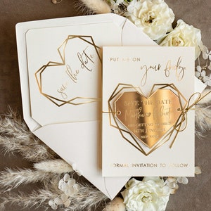 Personalisierte Elfenbein Gold Acryl Herz Save the Date Magnet und Karte Hochzeit Save The Dates Plexi Magnete Hochzeit Boho Save The Date Karten