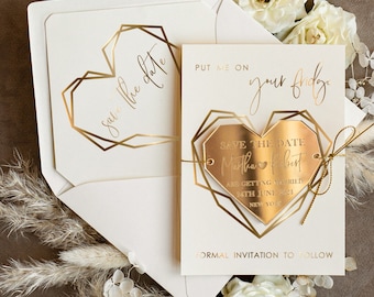 Personalised Ivory Gold Acrylic heart Save the Date Magnet and Card Wedding Save The Dates Plexi Magnets Wedding Boho Save The Date Cards