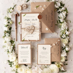 Rustic Lace Wedding Invitations Set, Elegant Rustical Wedding Invitation Cards  Boho Minimalist Wedding Invitation Suite , Simple Invites