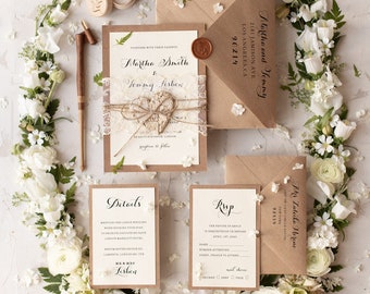 Rustikale Spitze Hochzeitseinladungen Set, Elegante Rustikale Hochzeitseinladungskarten Boho Minimalistische Hochzeitseinladungsreihe, Einfache Invites