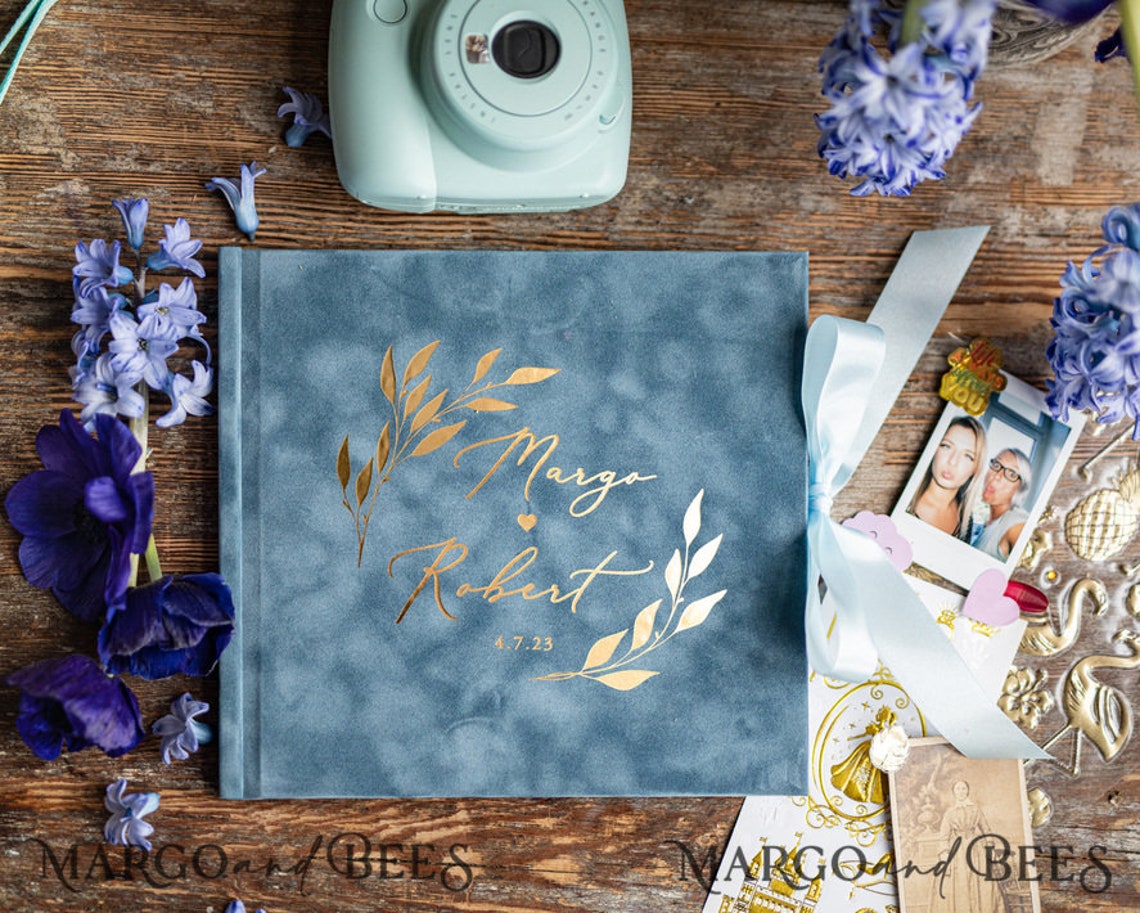 Dusty Blue Boho Instax velvet Wedding GuestBook Gold Ice Blue Instant Wedding Guest Book Polaroid velvet Guestbook Light Blue Golden wedding